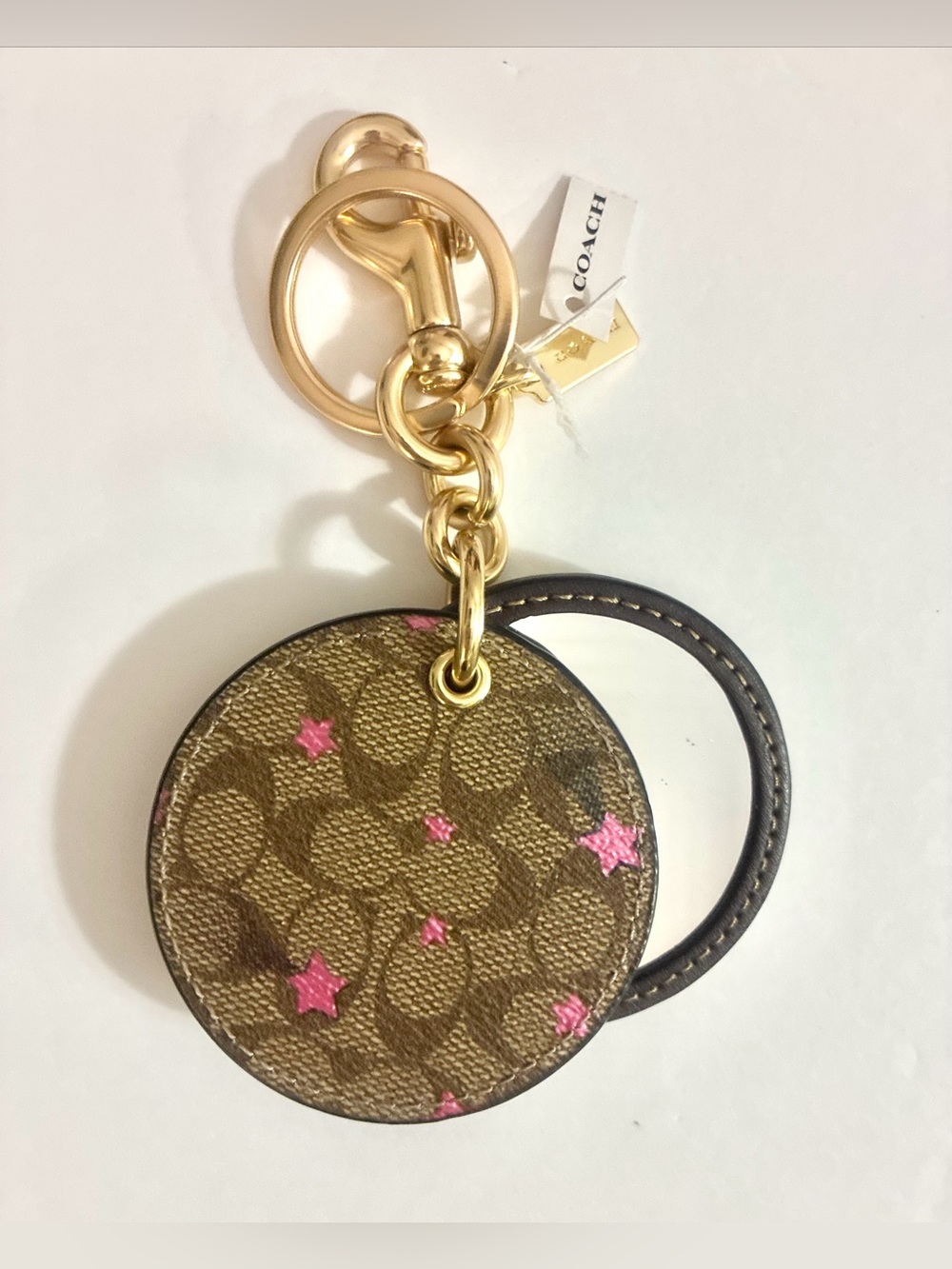 Coach Signature Mirror Bag Charm Keychain With Pink Disco Star Print C6945 NWT